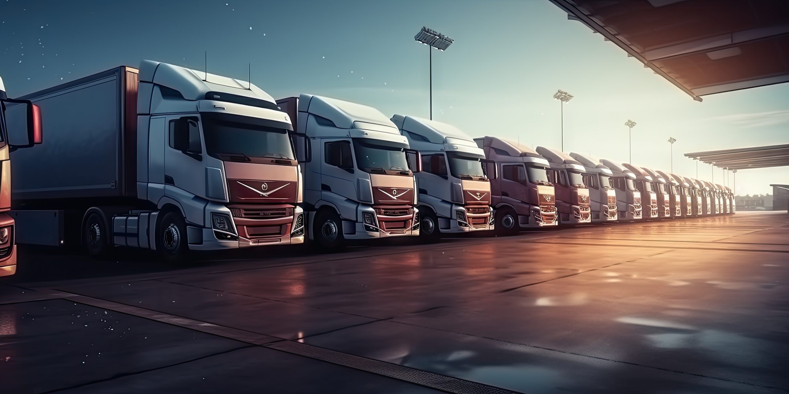 Large trucking fleet lined up and ready for dispatch under morning