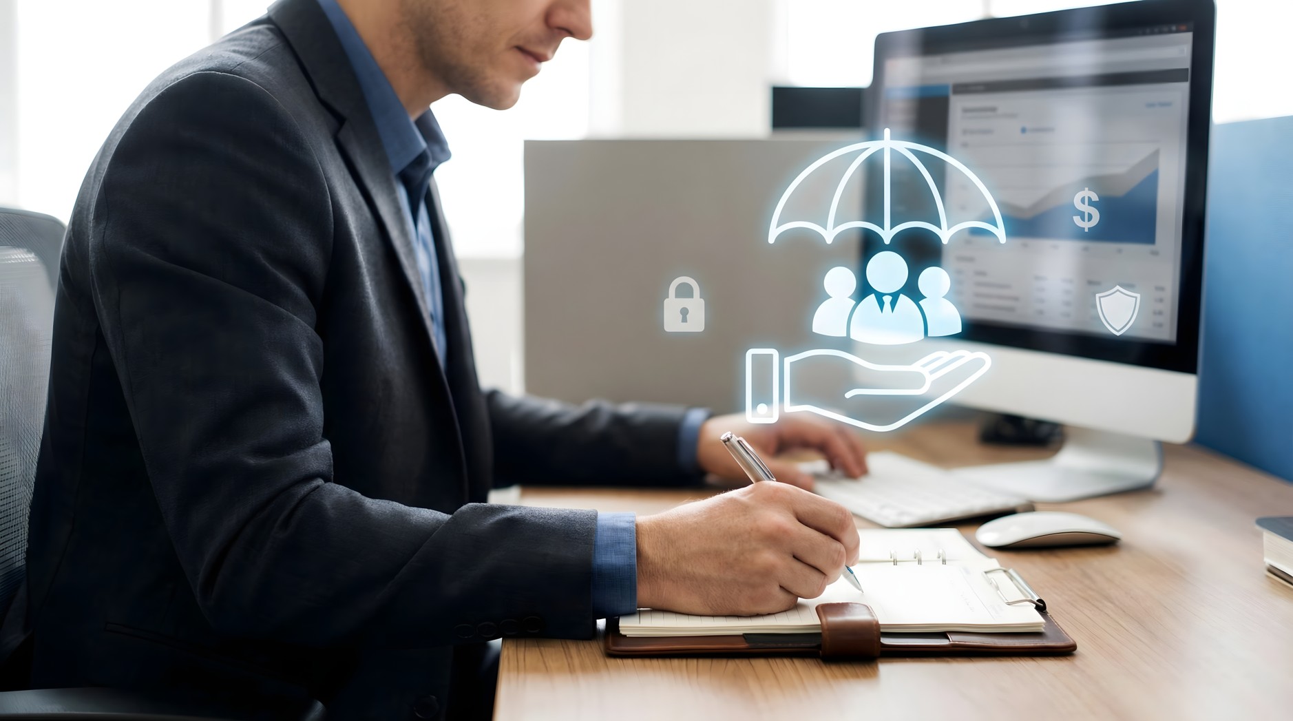 Businessman at a desk reviewing paperwork beside an umbrella, lock and family icon, representing business all-risk insurance cover.